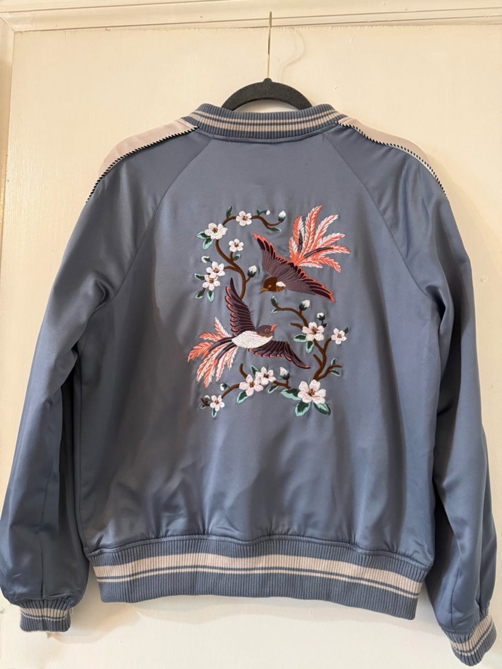 American Eagle Outfitters Blue Embroidered Satin Bomber Jacket